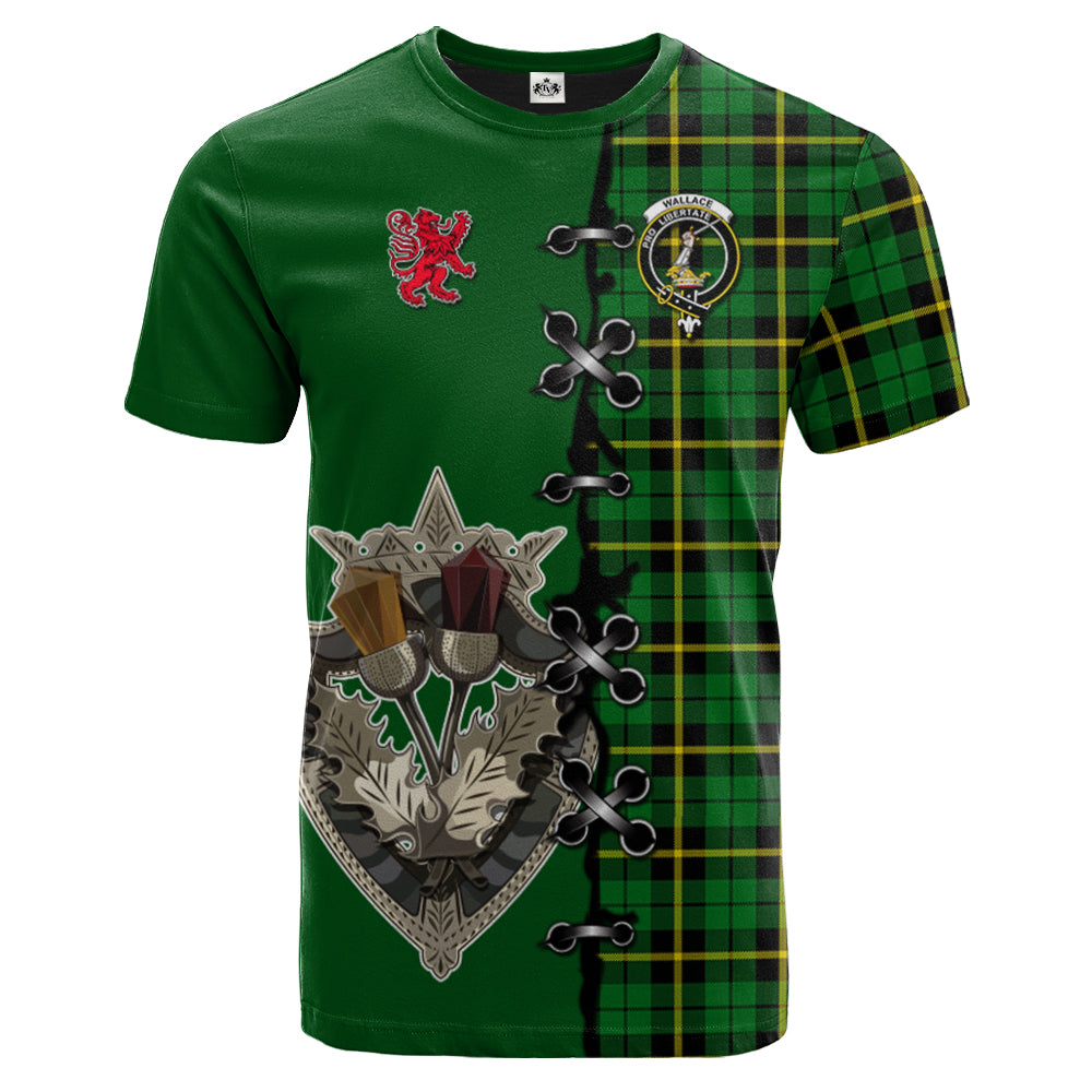 Wallace Hunting Green Tartan T-shirt - Lion Rampant And Celtic Thistle Style