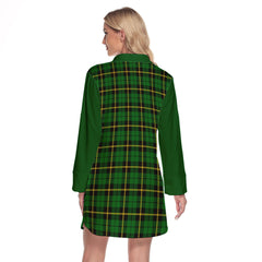 Wallace Hunting Green Tartan Women's Lapel Shirt Dress With Long Sleeve