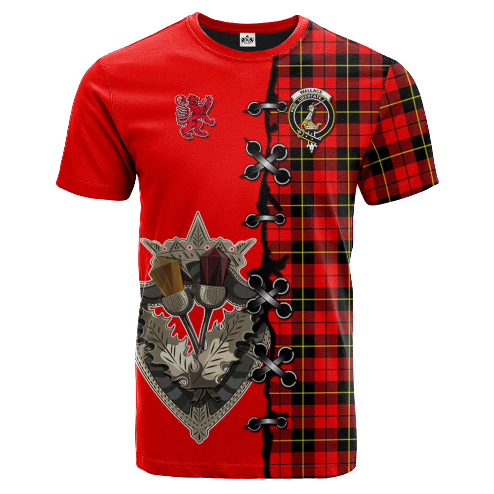 Wallace Hunting Red Tartan T-shirt - Lion Rampant And Celtic Thistle Style