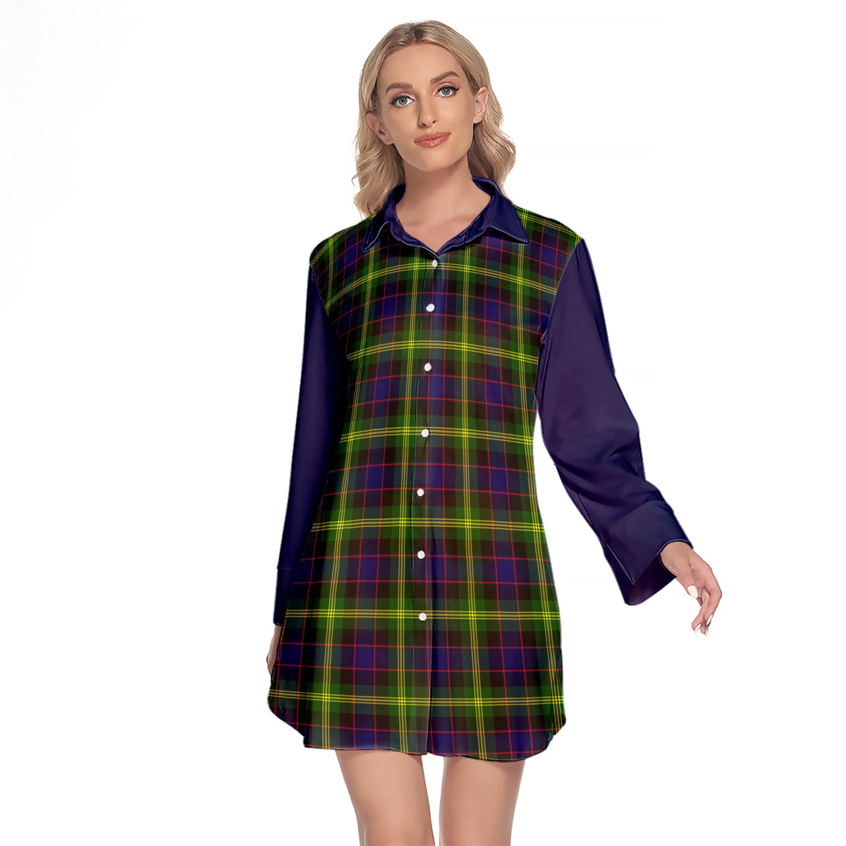 Watson Modern Tartan Women's Lapel Shirt Dress With Long Sleeve