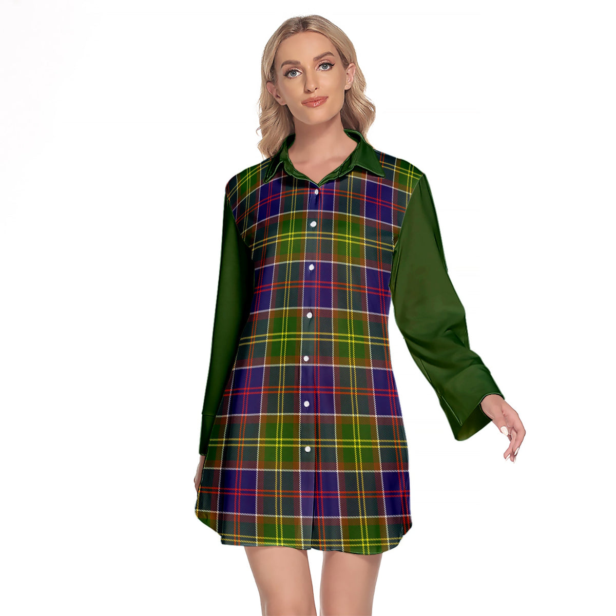 Whitefoord Modern Tartan Women's Lapel Shirt Dress With Long Sleeve