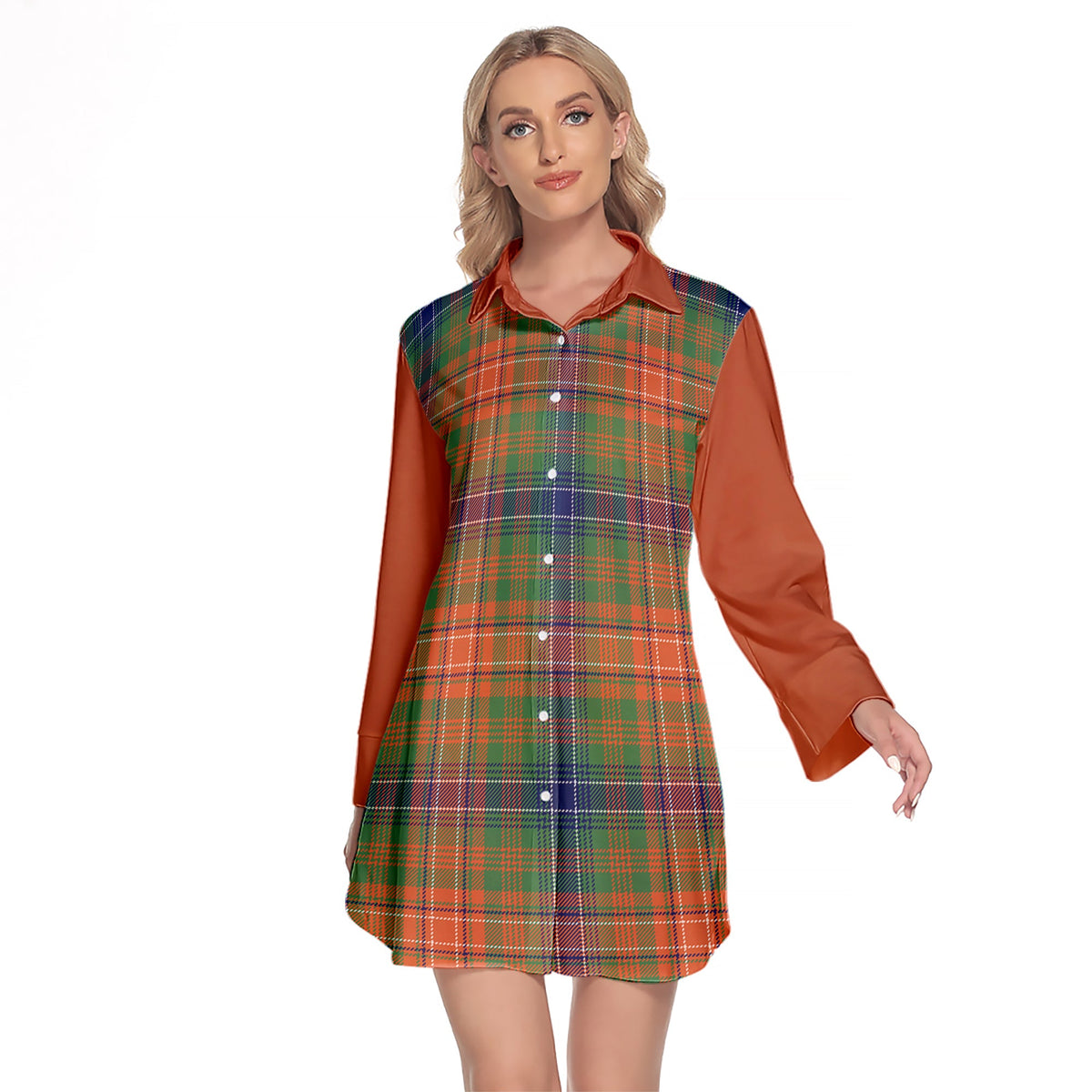 Wilson Ancient Tartan Women's Lapel Shirt Dress With Long Sleeve